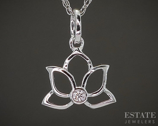 10k White Gold Lab Diamond Lotus Flower Dainty Pendant Necklace p27607