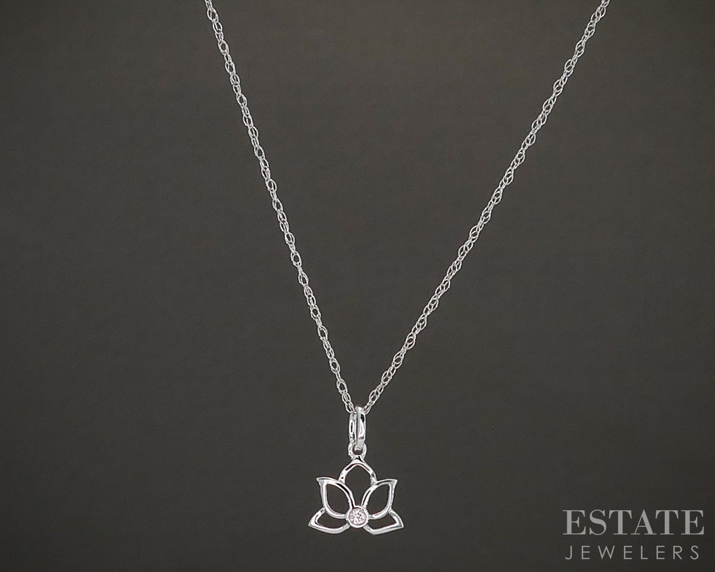 10k White Gold Lab Diamond Lotus Flower Dainty Pendant Necklace p27607