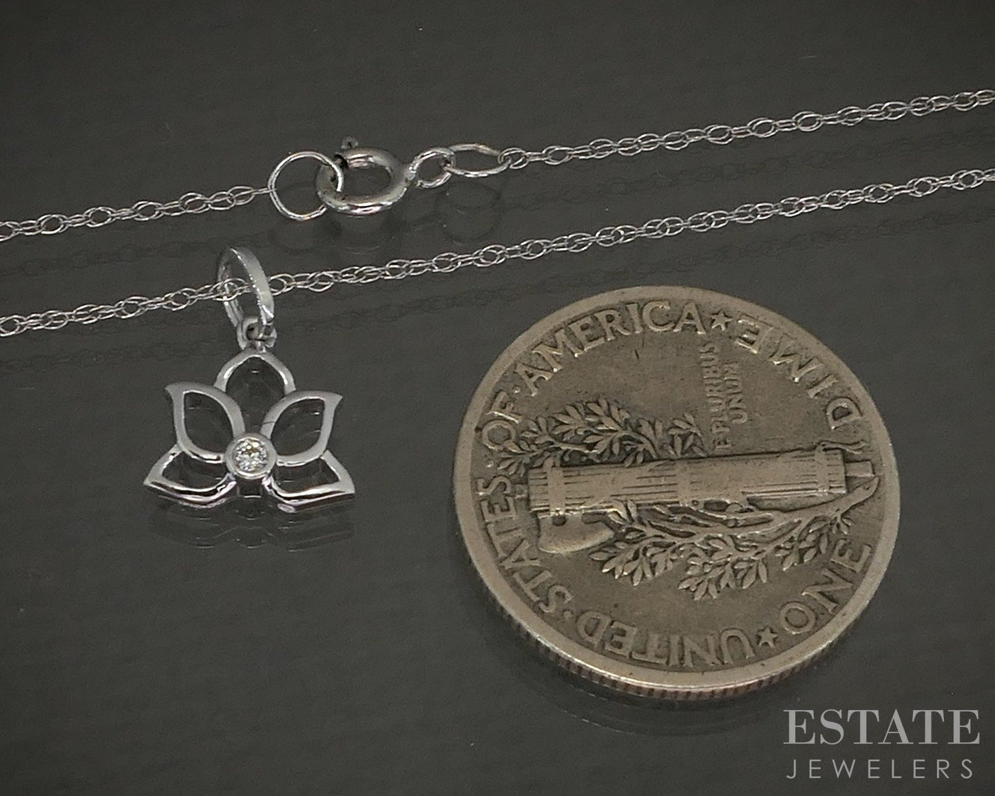 10k White Gold Lab Diamond Lotus Flower Dainty Pendant Necklace p27607