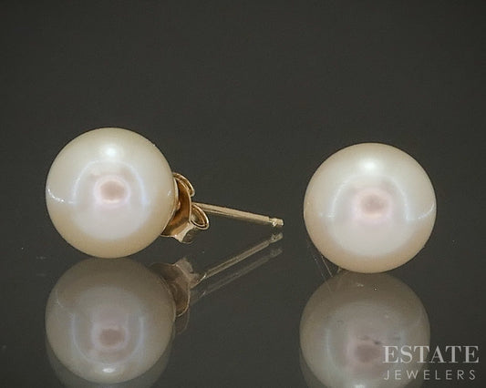 10k Yellow Gold 6.7mm Cultured Pearl Stud Ladies Earrings p25243b