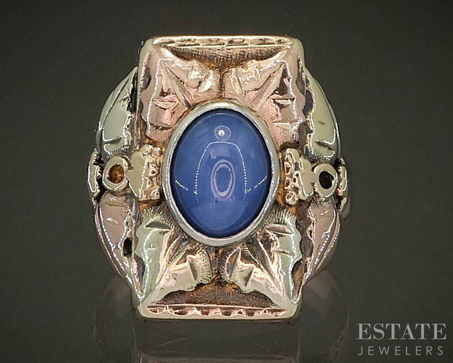 Vintage 10k Black Hills Gold Blue Star Sapphire Shield Band Ring 7.7g p25140b