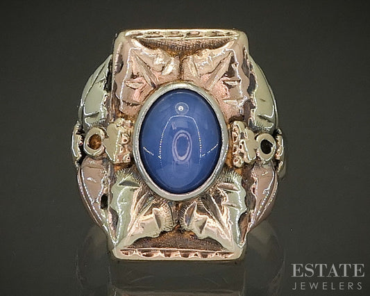 Vintage 10k Black Hills Gold Blue Star Sapphire Shield Band Ring 7.7g p25140b