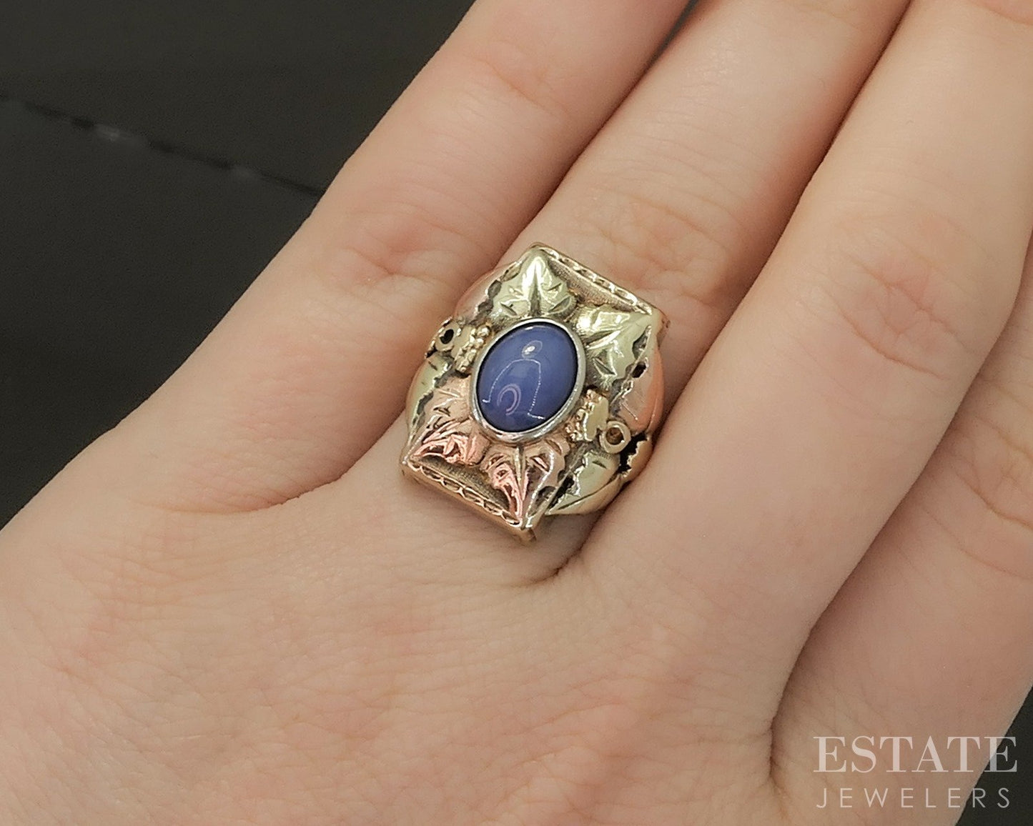 Vintage 10k Black Hills Gold Blue Star Sapphire Shield Band Ring 7.7g p25140b