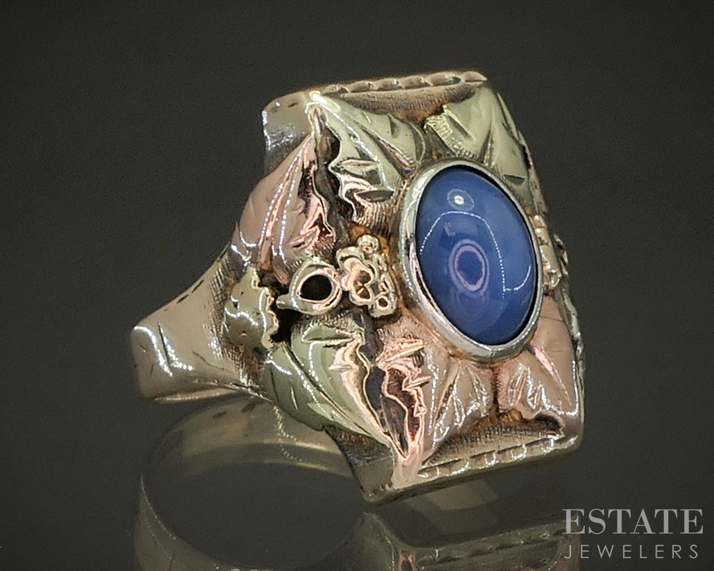 Vintage 10k Black Hills Gold Blue Star Sapphire Shield Band Ring 7.7g p25140b