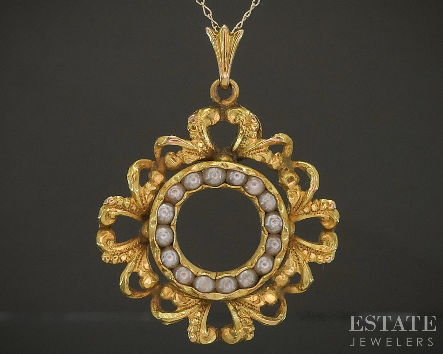 Antique Victorian 14k Yellow Gold Seed Pearl Circle Necklace 2.1g p24964b