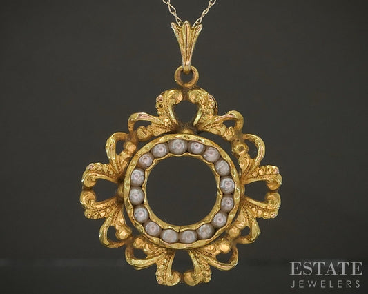 Antique Victorian 14k Yellow Gold Seed Pearl Circle Necklace 2.1g p24964b
