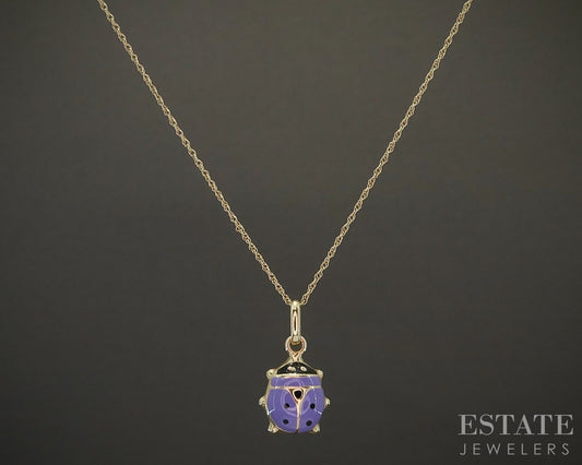 14k Yellow Gold Enameled Lavender Ladybug Ladies Necklace 1.3g 17.5"L p25095b