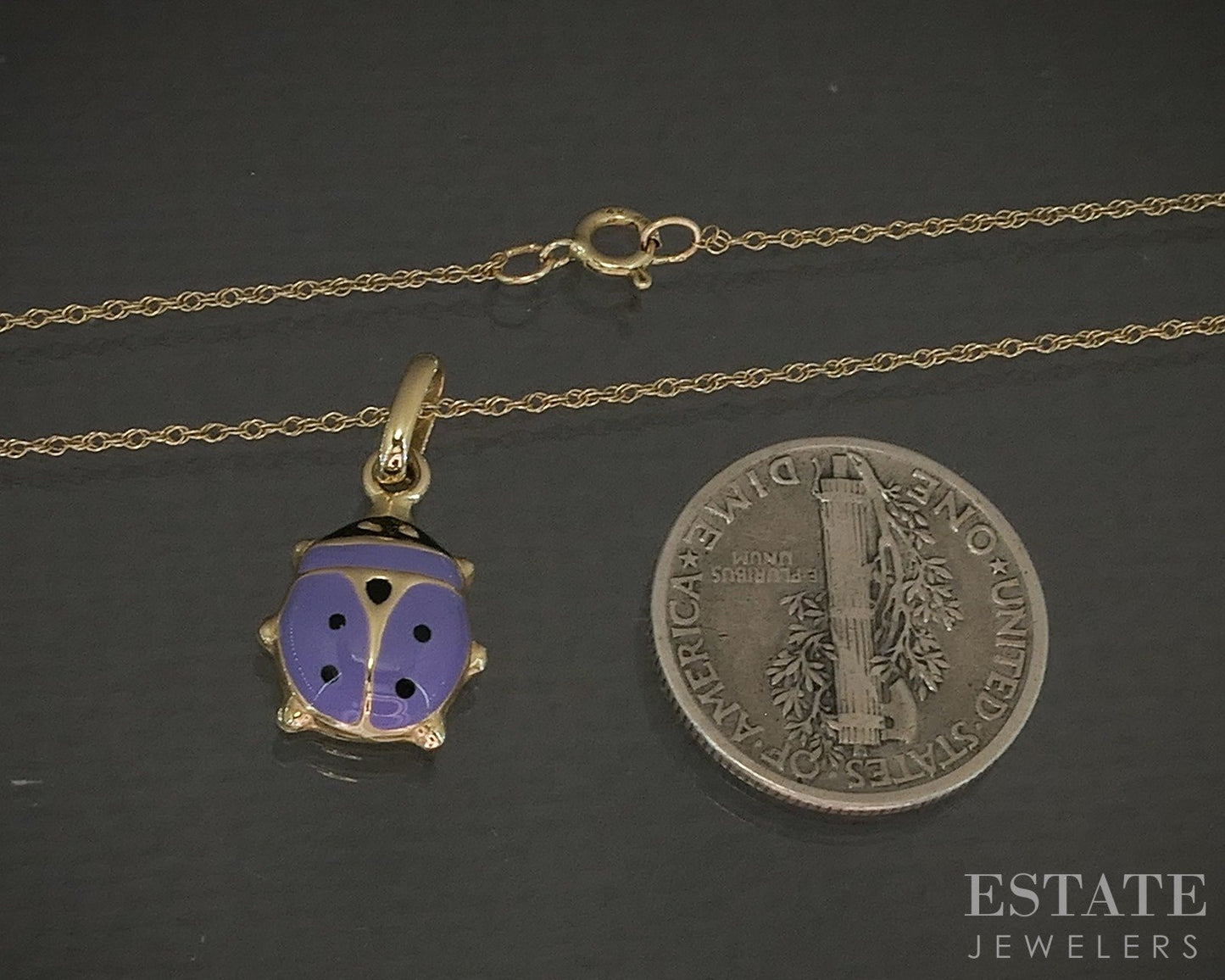 14k Yellow Gold Enameled Lavender Ladybug Ladies Necklace 1.3g 17.5"L p25095b