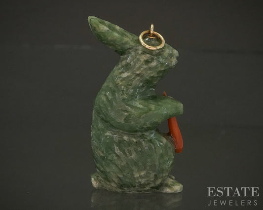 Vintage 14k Yellow Gold Green Jade & Coral Carved Rabbit Pendant 10.5g p24802b