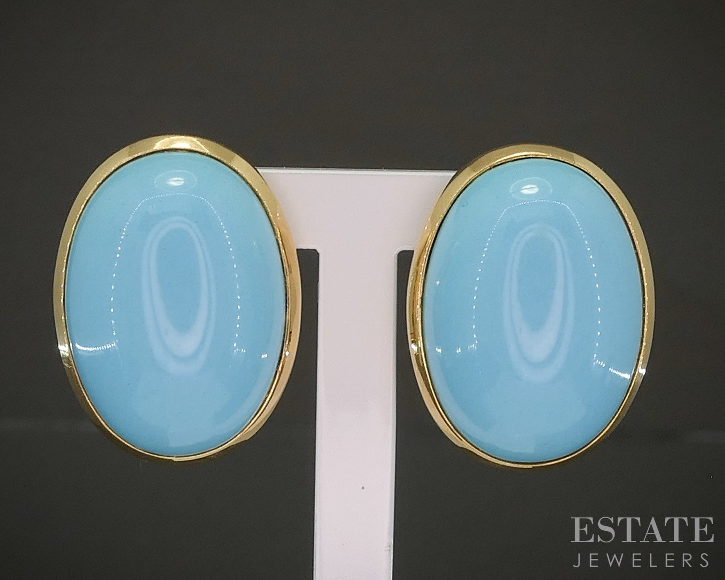 18k Yellow Gold Bloom Cabochon Natural Turquoise Clip On Earrings 9.8g p24684b