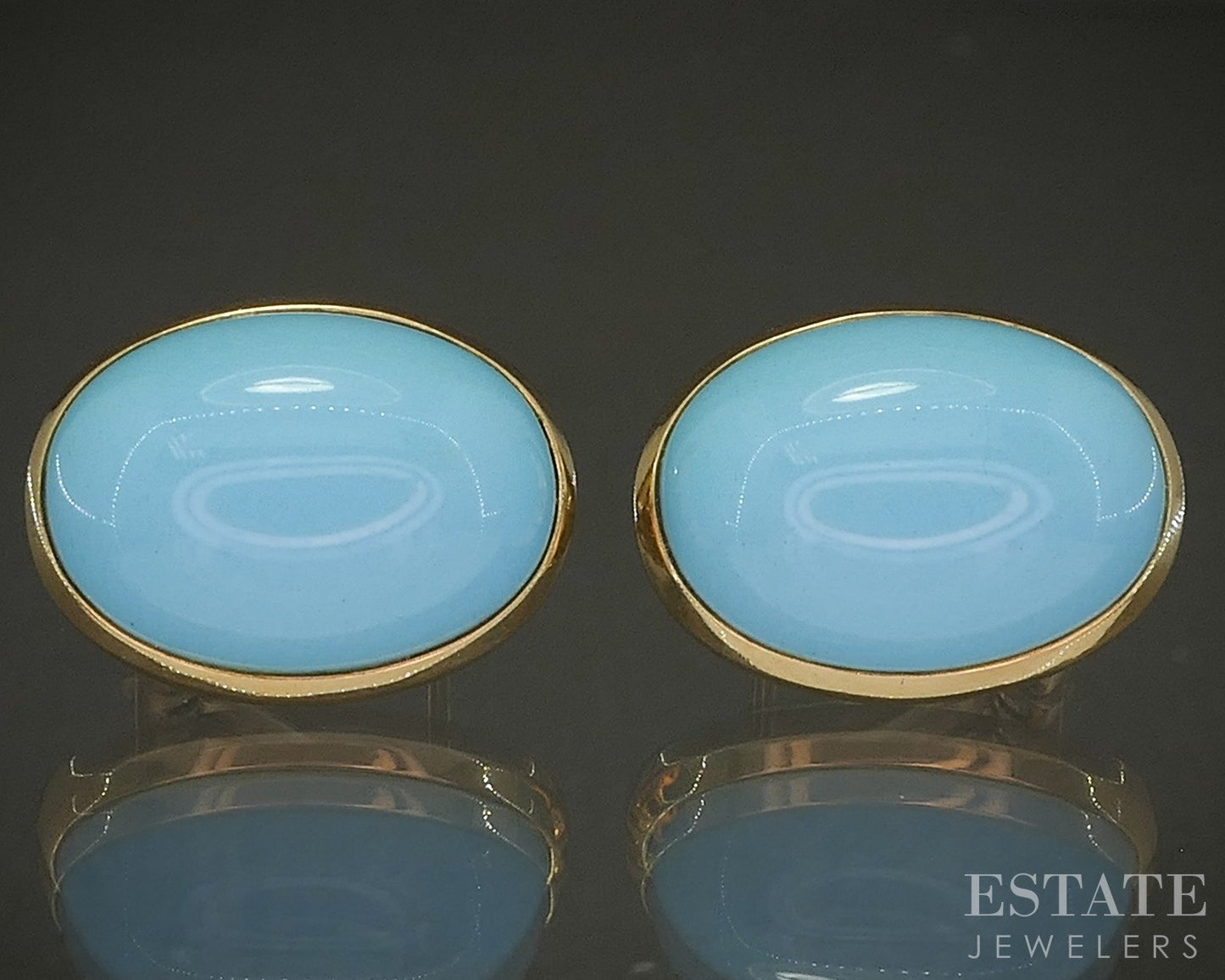 18k Yellow Gold Bloom Cabochon Natural Turquoise Clip On Earrings 9.8g p24684b