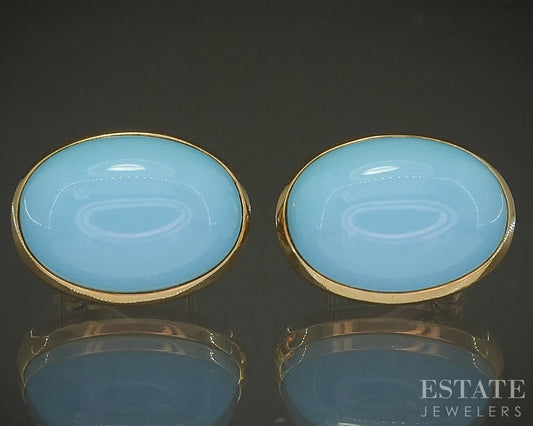 18k Yellow Gold Bloom Cabochon Natural Turquoise Clip On Earrings 9.8g p24684b