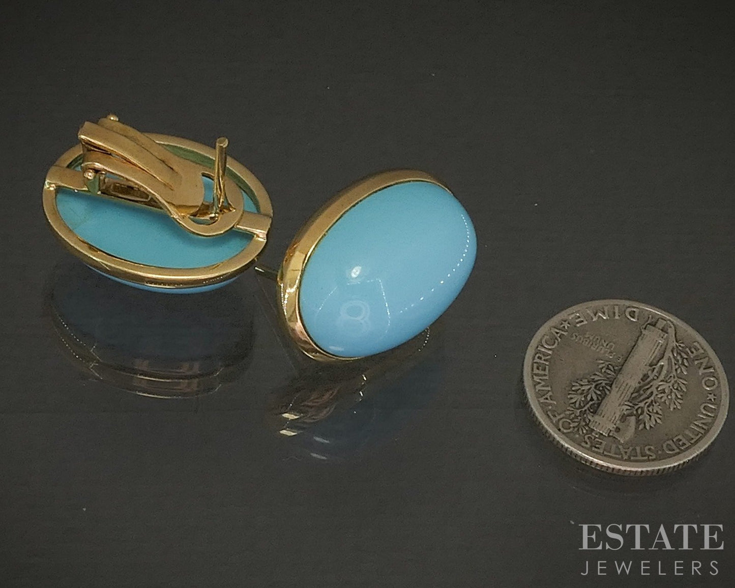 18k Yellow Gold Bloom Cabochon Natural Turquoise Clip On Earrings 9.8g p24684b