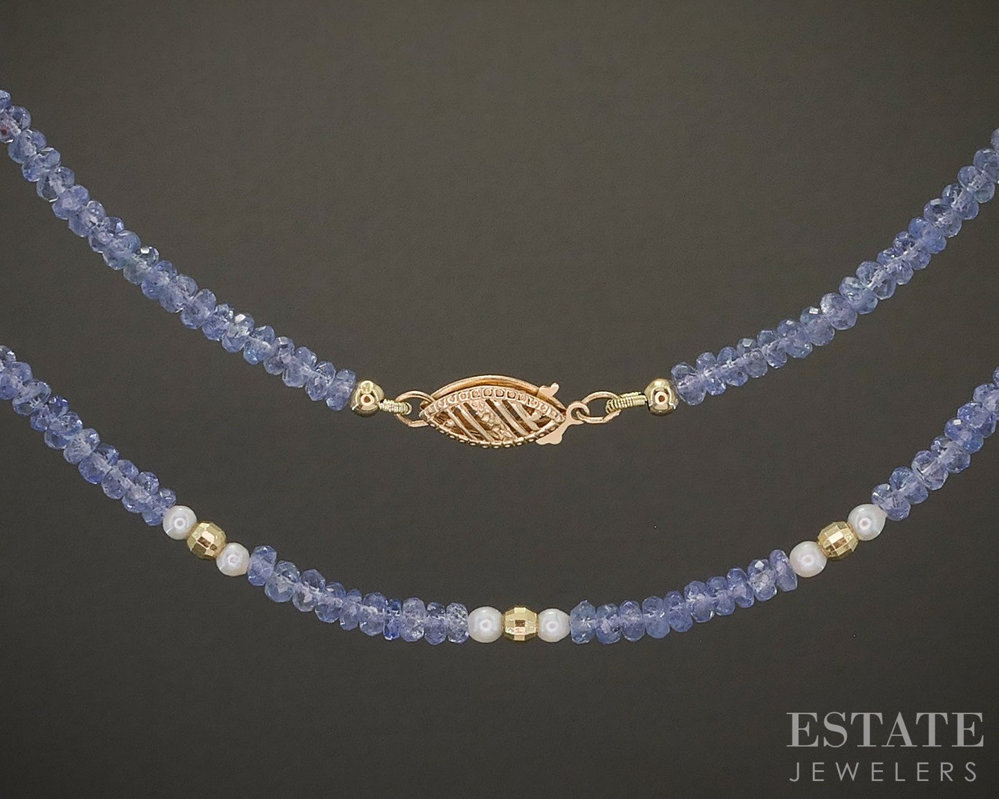 14k Yellow Gold 3mm Natural Tanzanite & Pearl Beaded Necklace 22"L p27025