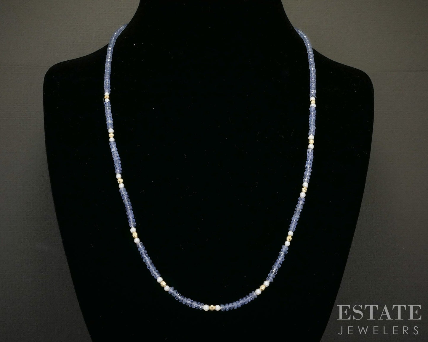 14k Yellow Gold 3mm Natural Tanzanite & Pearl Beaded Necklace 22"L p27025