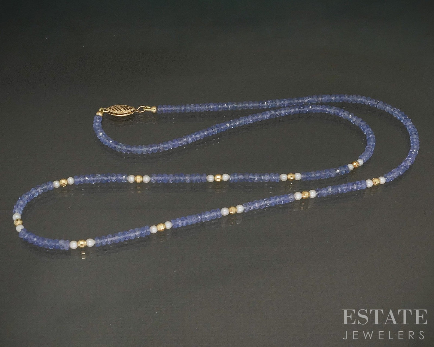 14k Yellow Gold 3mm Natural Tanzanite & Pearl Beaded Necklace 22"L p27025