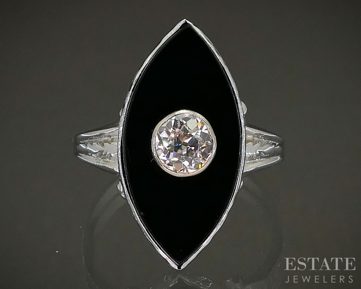 Vintage 14k White Gold OEC Natural Diamond & Black Onyx Navette Ring 3.3g p26285
