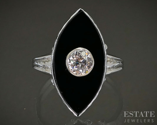 Vintage 14k White Gold OEC Natural Diamond & Black Onyx Navette Ring 3.3g p26285
