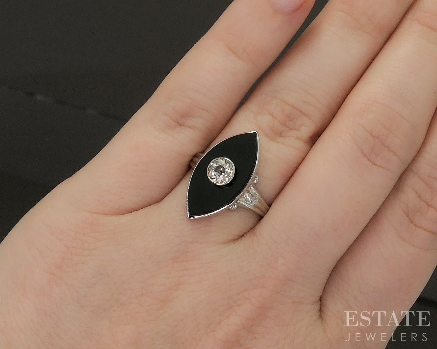 Vintage 14k White Gold OEC Natural Diamond & Black Onyx Navette Ring 3.3g p26285