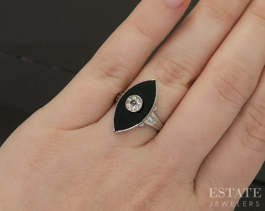Vintage 14k White Gold OEC Natural Diamond & Black Onyx Navette Ring 3.3g p26285