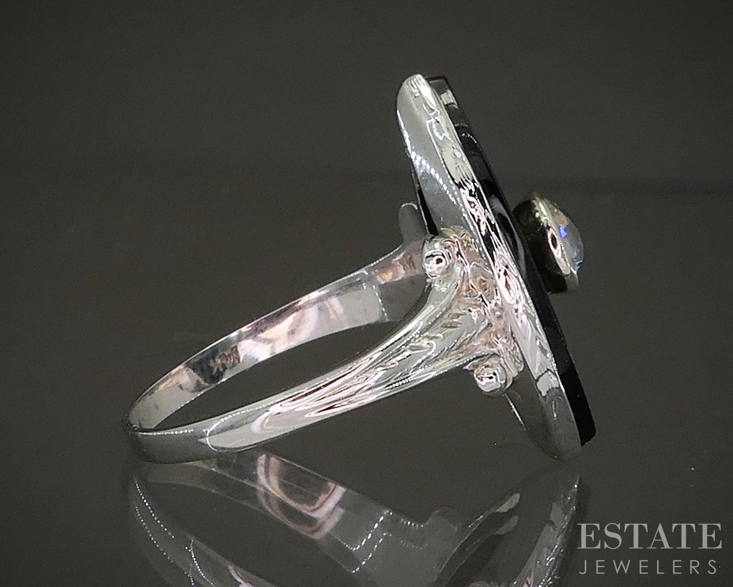 Vintage 14k White Gold OEC Natural Diamond & Black Onyx Navette Ring 3.3g p26285