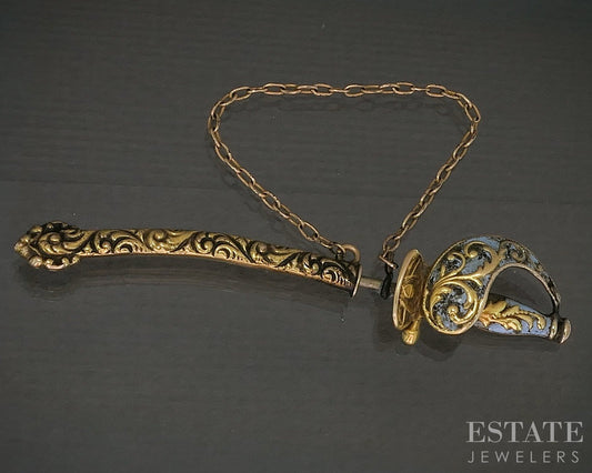 Antique Victorian 9k Yellow Gold Enameled Sword Pin 3.3g p26180