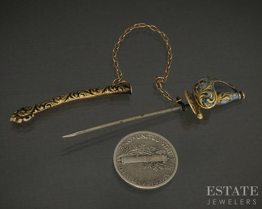 Antique Victorian 9k Yellow Gold Enameled Sword Pin 3.3g p26180