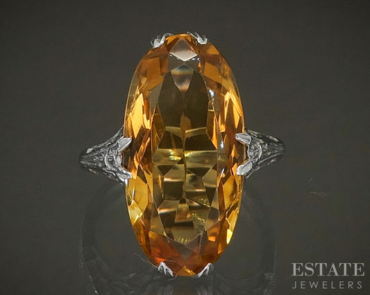 Antique 14k White Gold Oval Natural Citrine Filigree Ring 4.5g p26251