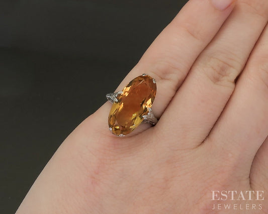 Antique 14k White Gold Oval Natural Citrine Filigree Ring 4.5g p26251
