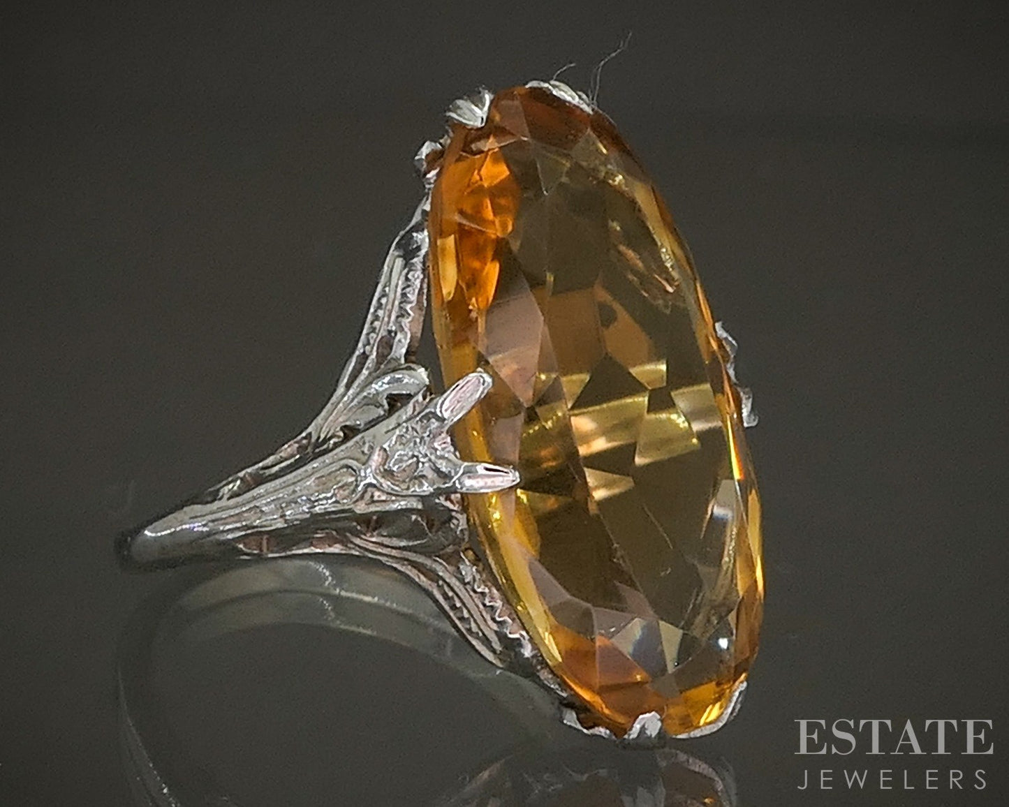Antique 14k White Gold Oval Natural Citrine Filigree Ring 4.5g p26251
