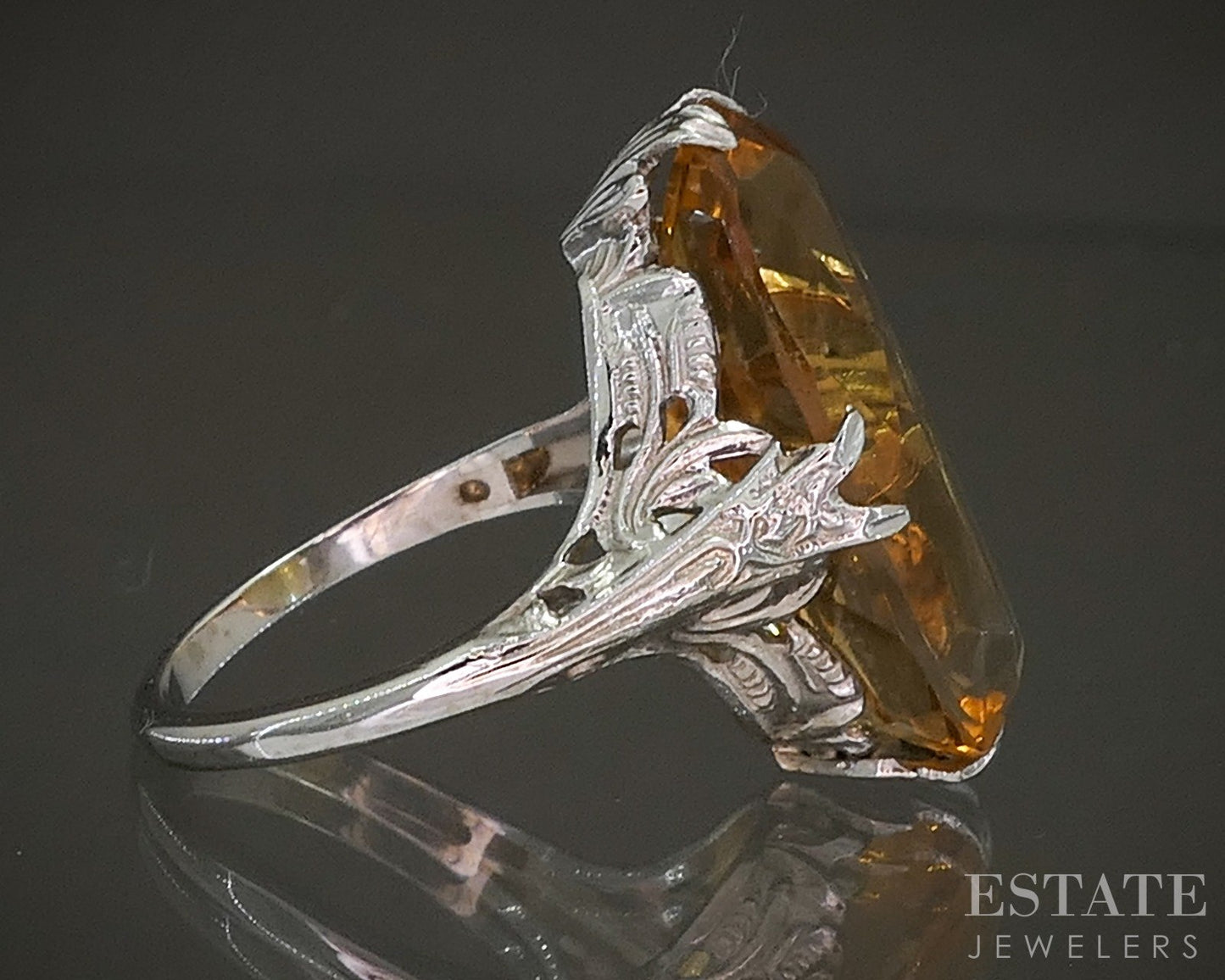 Antique 14k White Gold Oval Natural Citrine Filigree Ring 4.5g p26251