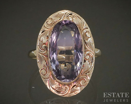 Vintage 14k Yellow Gold Oval Natural Amethyst Shield Ladies Ring 3.1g p26107