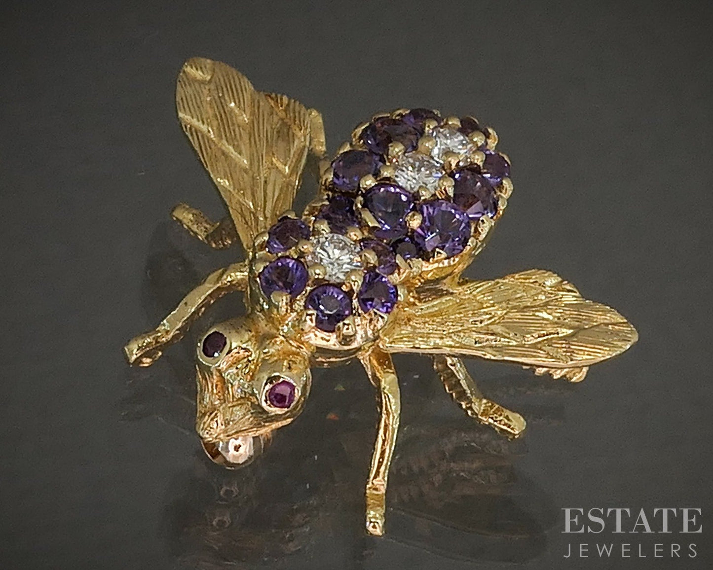 18k Yellow Gold Herbert Rosenthal Amethyst & Diamond Bee Bug Pin Brooch p26013