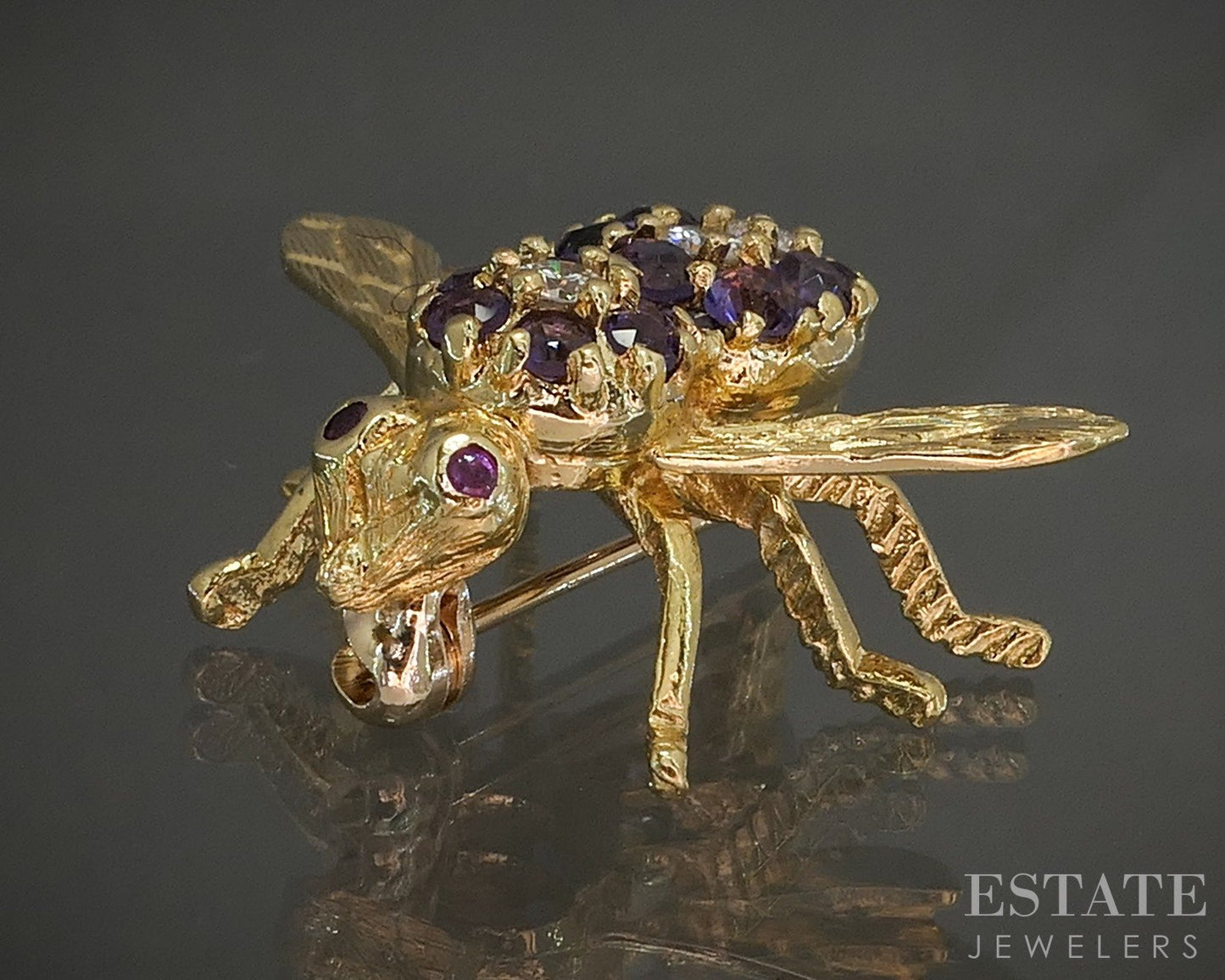 18k Yellow Gold Herbert Rosenthal Amethyst & Diamond Bee Bug Pin Brooch p26013