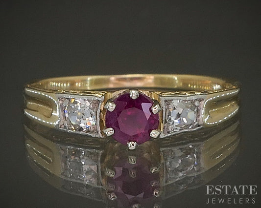 Antique 18k Yellow & White Gold Natural Ruby OMC Diamond Ring 2.2g p26103
