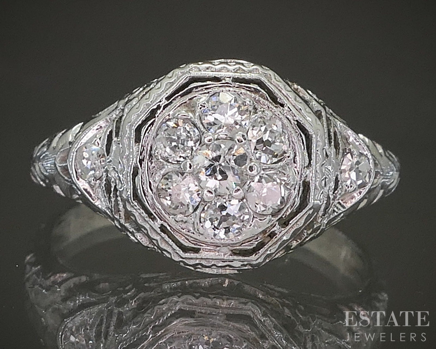 Antique 18k White Gold & Platinum Natural .19ctw Diamond Filigree Ring p26154