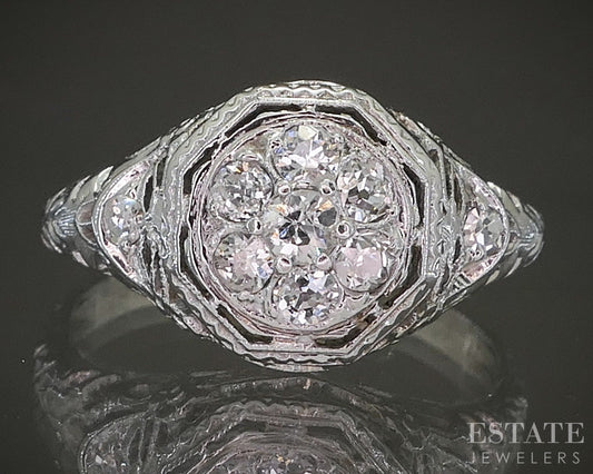 Antique 18k White Gold & Platinum Natural .19ctw Diamond Filigree Ring p26154