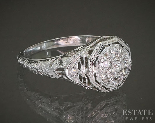 Antique 18k White Gold & Platinum Natural .19ctw Diamond Filigree Ring p26154