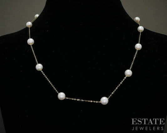 18k Yellow Gold 6.5mm Freshwater Pearl Station Necklace 5.6g 20"L p25477