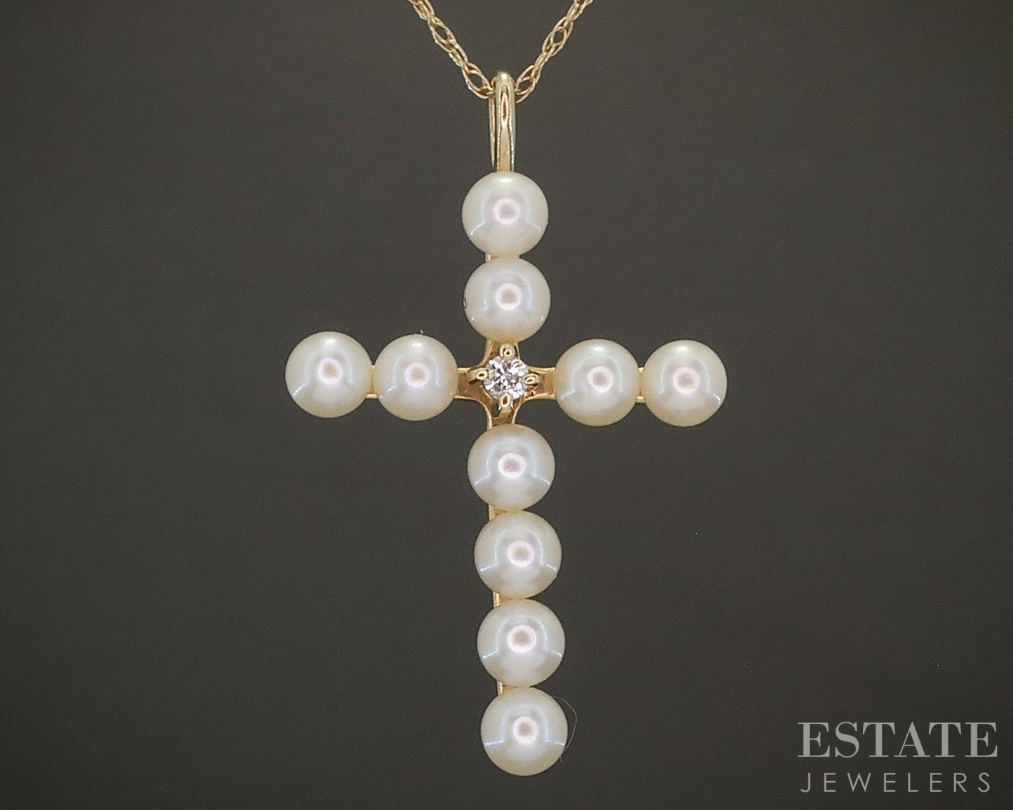 14k Yellow Gold Cultured Pearl & Diamond Cross Ladies Necklace 2g 20"L p25553