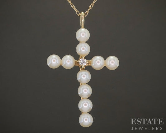 14k Yellow Gold Cultured Pearl & Diamond Cross Ladies Necklace 2g 20"L p25553