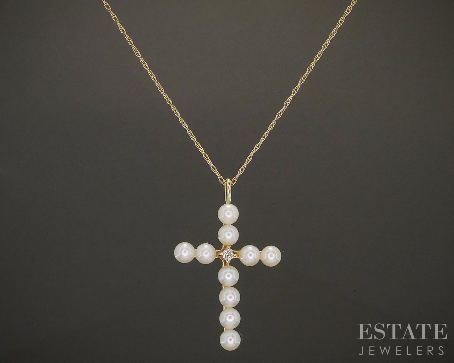 14k Yellow Gold Cultured Pearl & Diamond Cross Ladies Necklace 2g 20"L p25553
