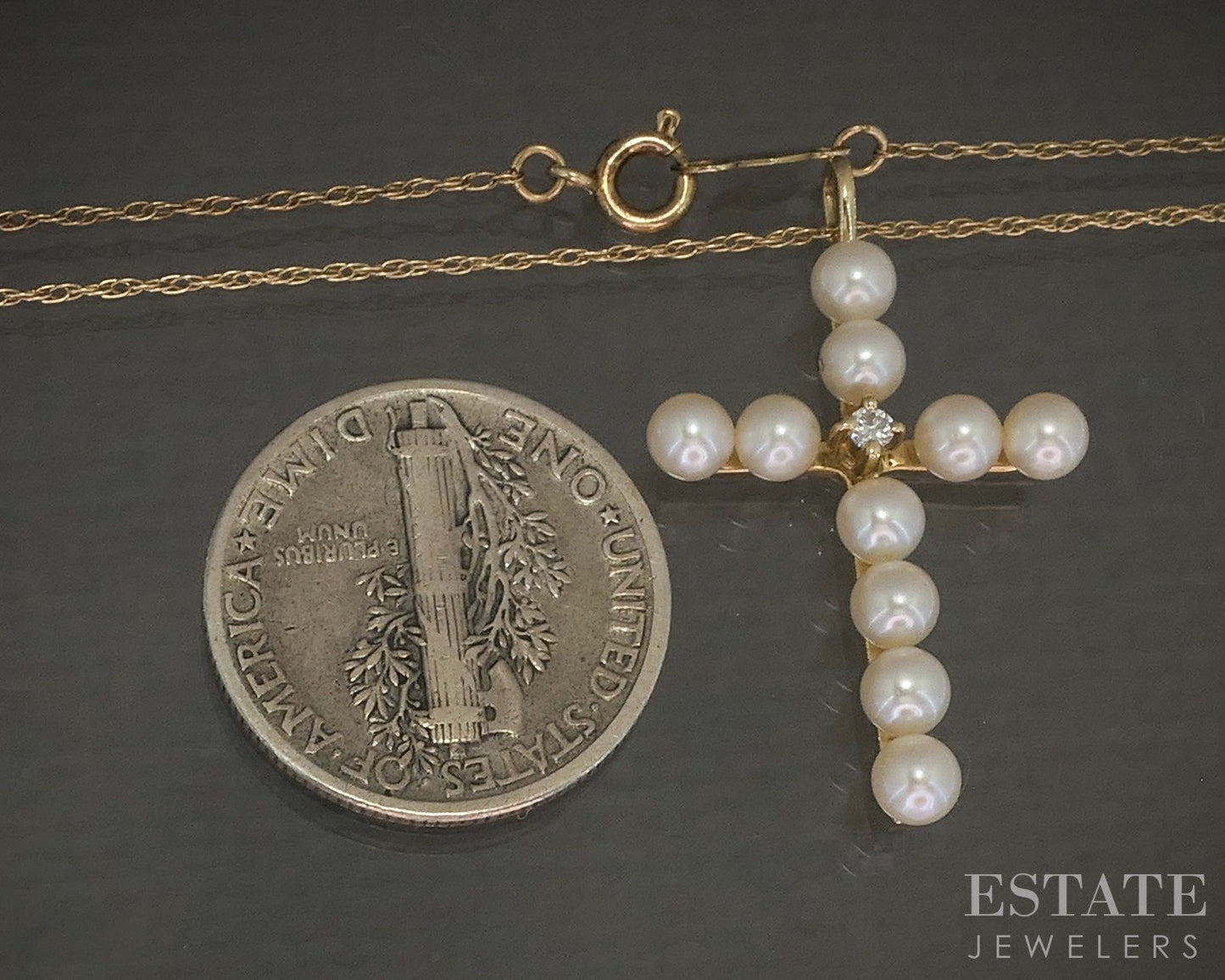 14k Yellow Gold Cultured Pearl & Diamond Cross Ladies Necklace 2g 20"L p25553