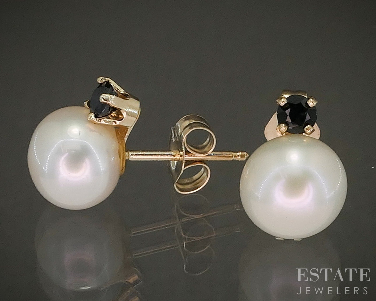 14k Yellow Gold 7.3mm Cultured Pearl & Blue Sapphire Stud Earrings p25595