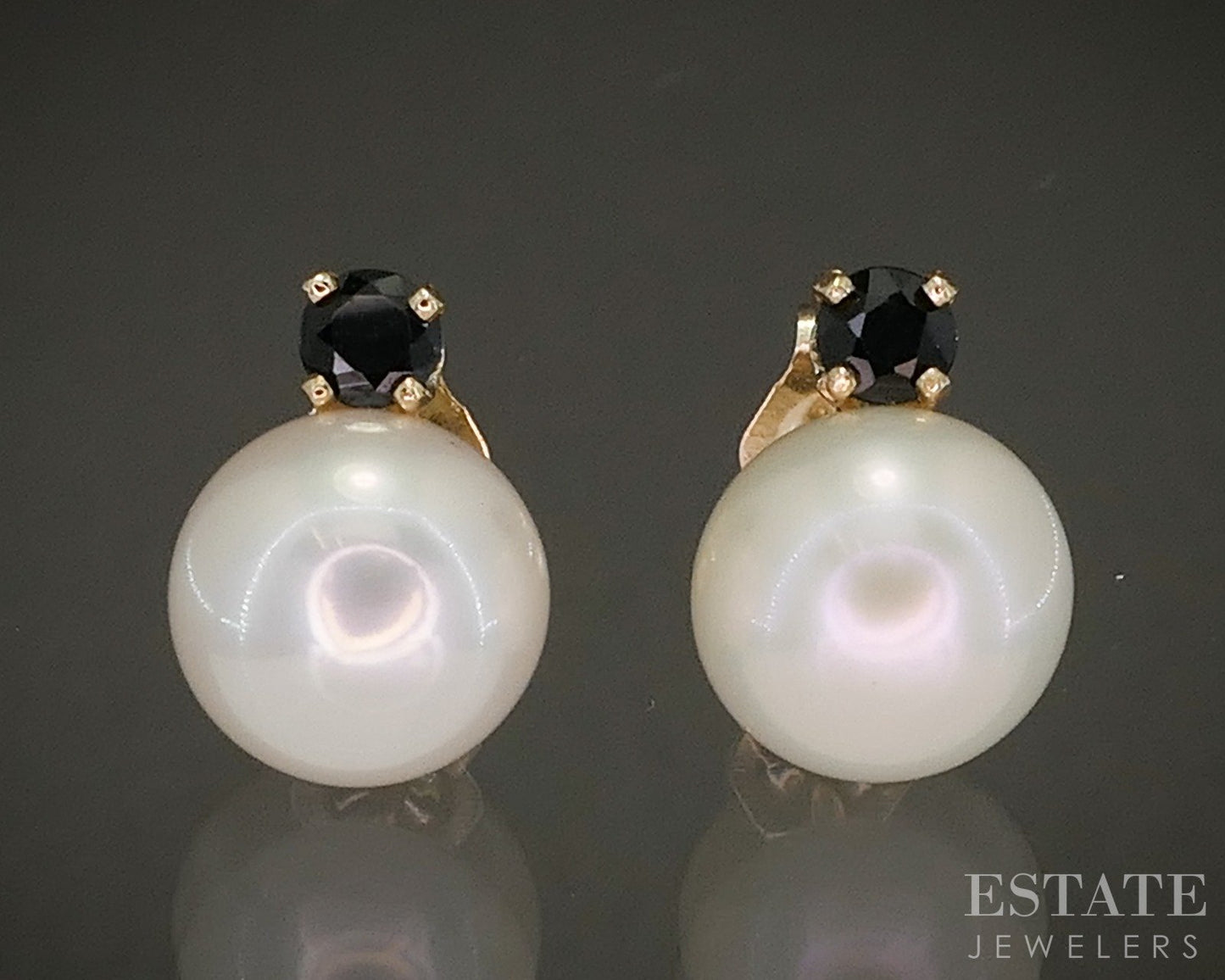 14k Yellow Gold 7.3mm Cultured Pearl & Blue Sapphire Stud Earrings p25595