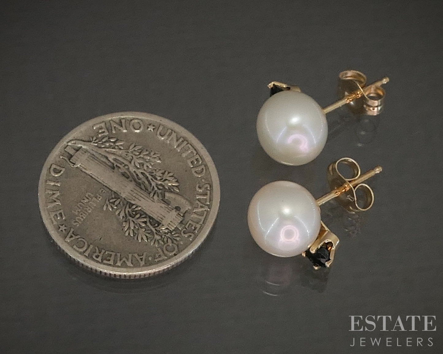 14k Yellow Gold 7.3mm Cultured Pearl & Blue Sapphire Stud Earrings p25595