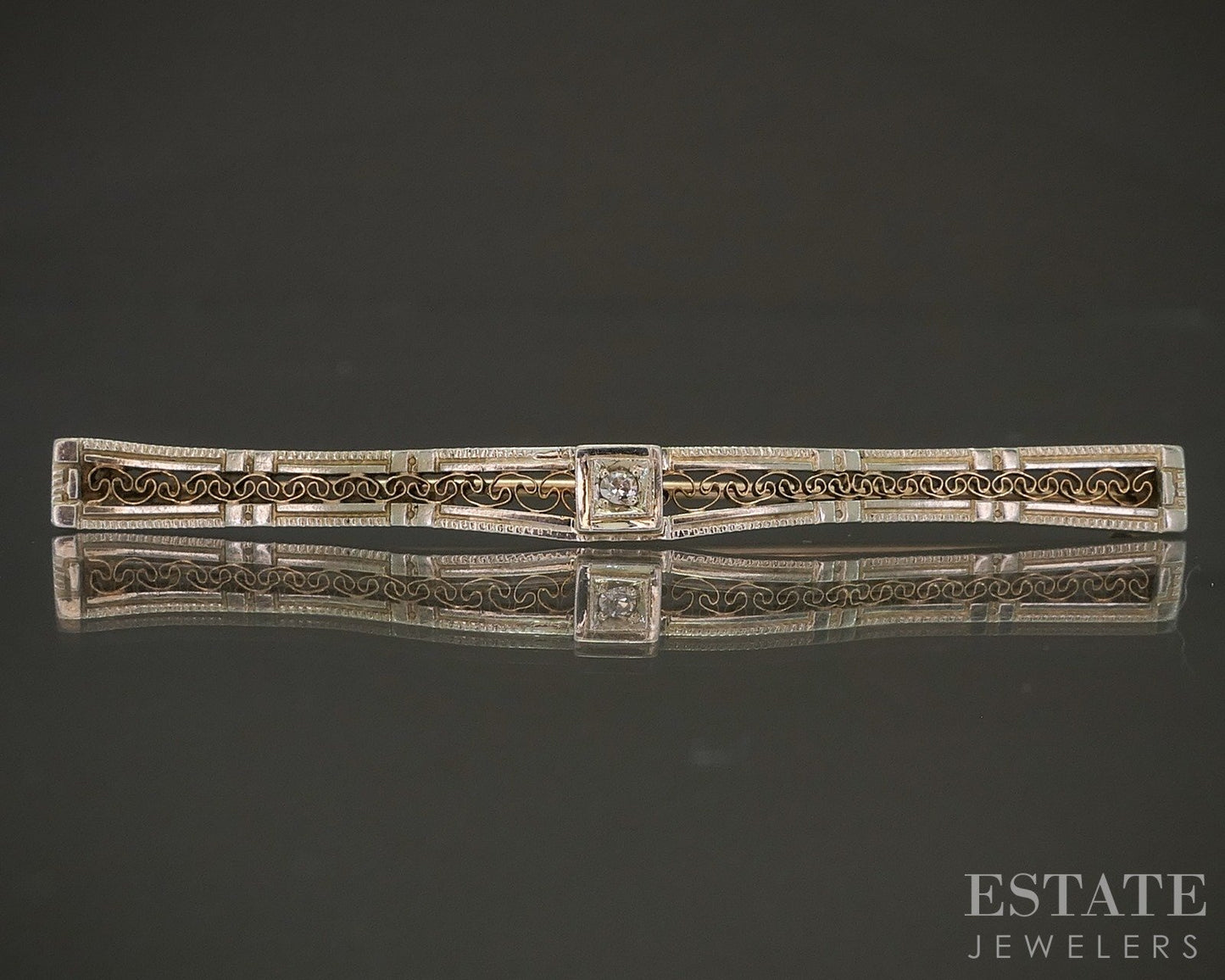 Antique 10k Yellow Gold Ostby Barton Diamond Filigree Bar Pin Brooch 2.4g p25729