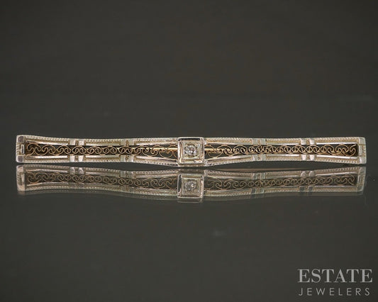 Antique 10k Yellow Gold Ostby Barton Diamond Filigree Bar Pin Brooch 2.4g p25729
