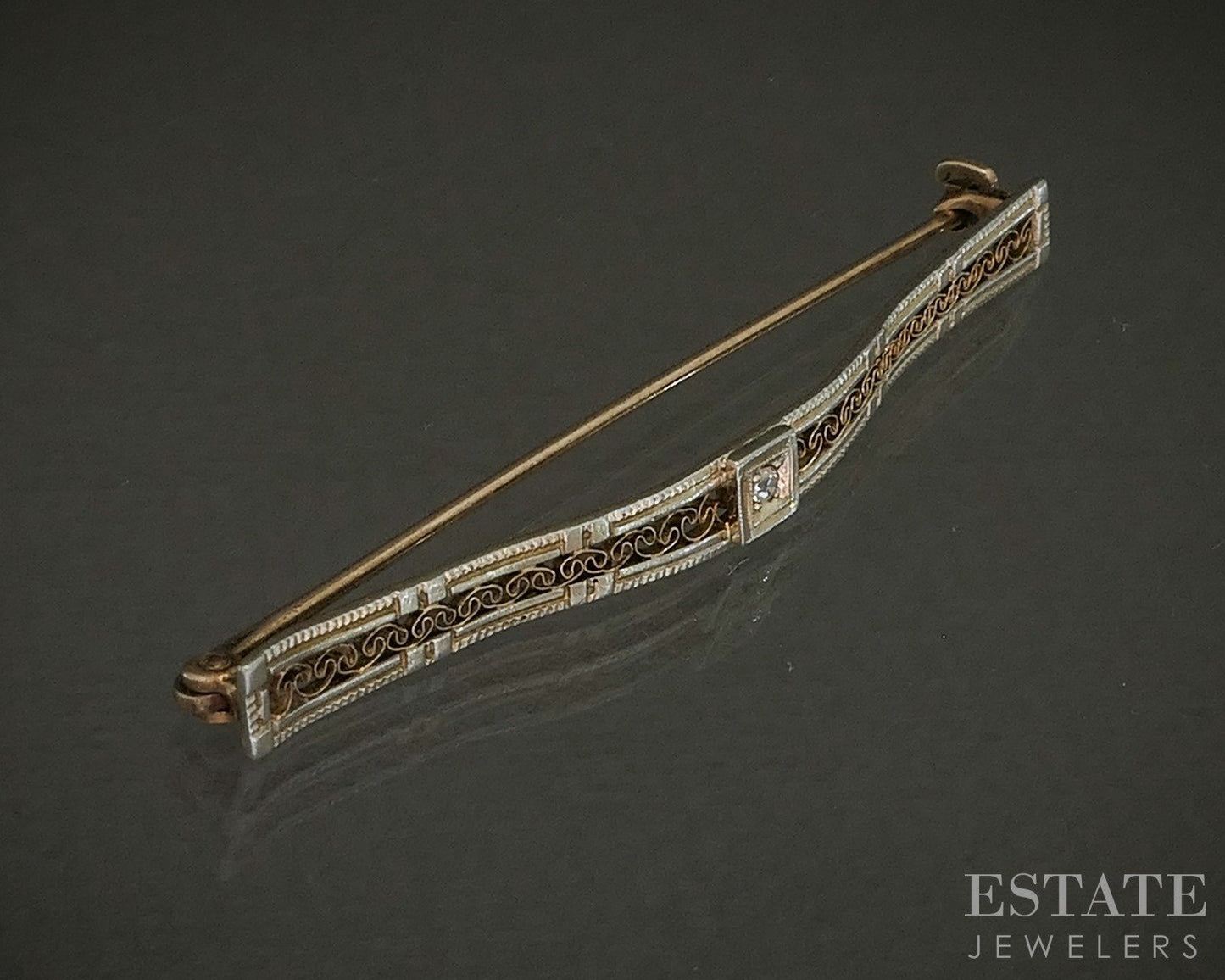 Antique 10k Yellow Gold Ostby Barton Diamond Filigree Bar Pin Brooch 2.4g p25729