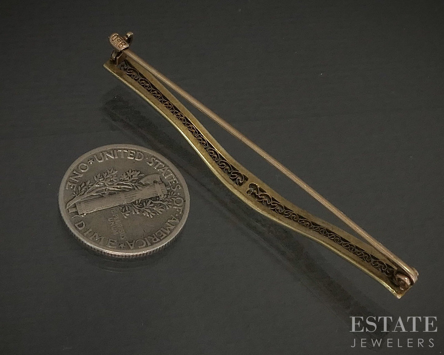 Antique 10k Yellow Gold Ostby Barton Diamond Filigree Bar Pin Brooch 2.4g p25729